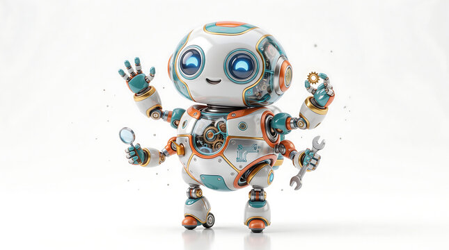 Friendly White and Orange Robot with Four Arms Holding Tools for Engineering Maintenance