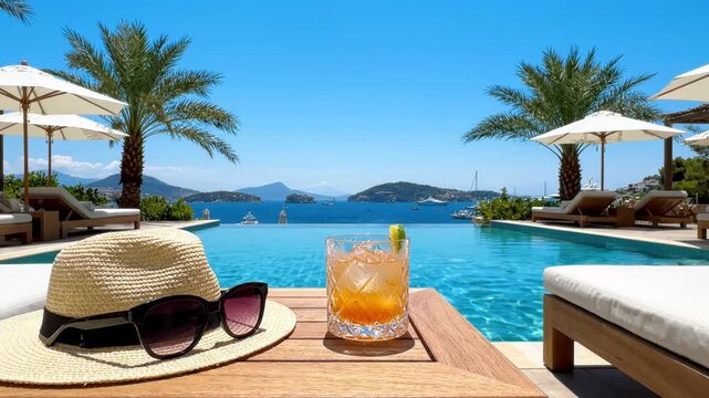 Luxury infinity pool overlooking deep blue Mediterranean sea at sunset