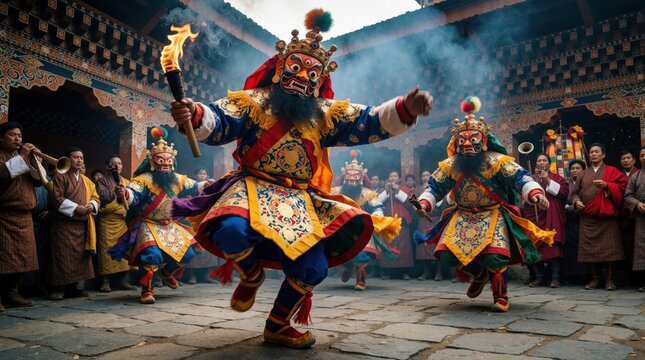 Bhutanese dancers in vibrant masks and ornate costumes perform a ritual dance with fire torches. Spectators watch a sacred ceremony inside a temple courtyard as musicians play traditional instruments.