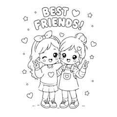 Two best friends hugging and waving coloring page art.