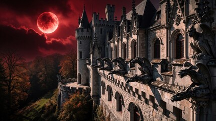 Fototapeta premium Dark gothic castle with stone gargoyle statues on walls. Scary medieval fortress under large red blood moon in night sky. Spooky architecture with towers, arches located in mysterious forest. Fantasy