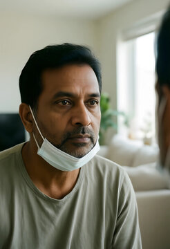 Healthcare consultation and medical advice, man with face mask pulled down talking to doctor in clinic or hospital