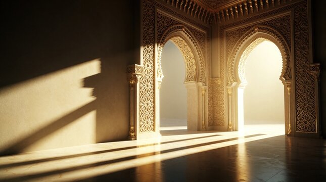 Ornate golden archways with intricate patterns bathed in warm sunlight. Shadows stripe the floor and wall, creating a peaceful and elegant ambiance inside a grand building.
