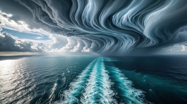 Dramatic asperitas clouds swirl over ocean waves leaving a white foamy trail. Aerial view of vast sea and sky with turbulent weather formations creating awesome natural abstract patterns.