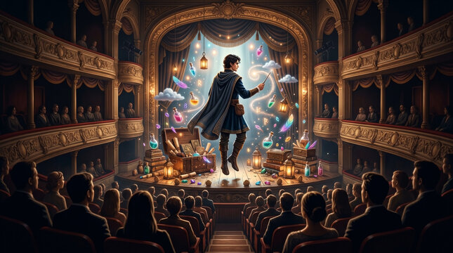 Young wizard performing magic on a grand theater stage