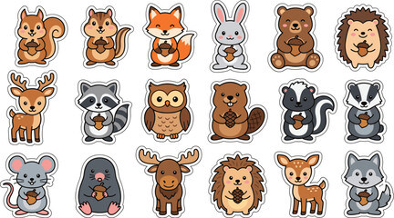 Set of cute kawaii woodland animals stickers featuring fox squirrel bear and forest creatures for children © Md Dulal