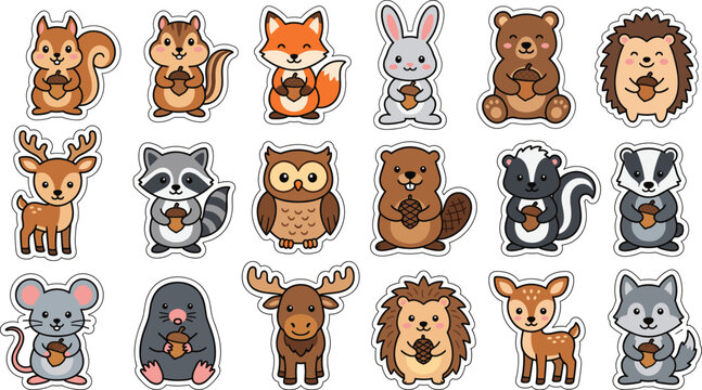 Set of cute kawaii woodland animals stickers featuring fox squirrel bear and forest creatures for children