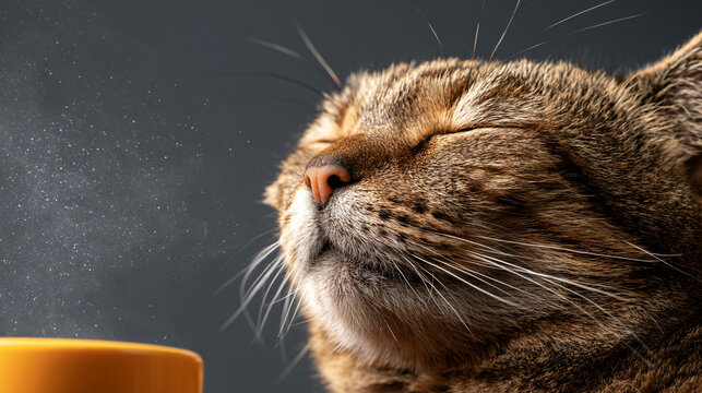 Close-up portrait of relaxed tabby cat with golden eyes blinking peacefully in soft light