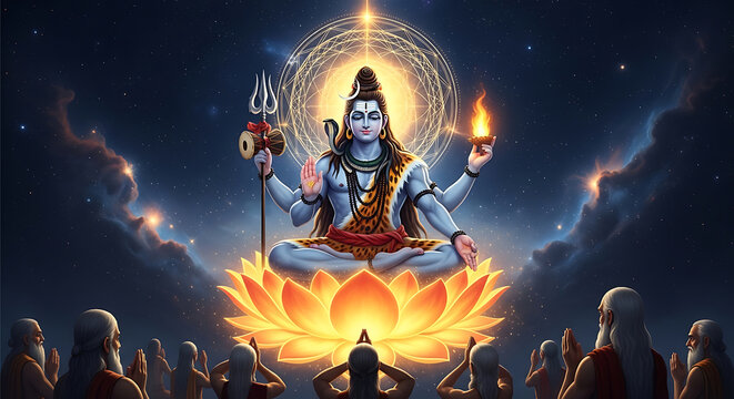 Lord shiva meditating on a lotus flower surrounded by devotees in a cosmic setting