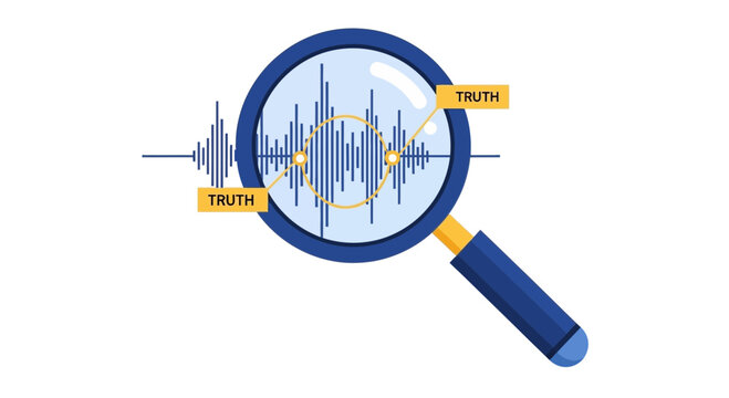 Magnifying Glass Analyzing Audio Waveform with Truth Label - Fact-Checking and Forensic Voice Analysis Concept Vector Illustration