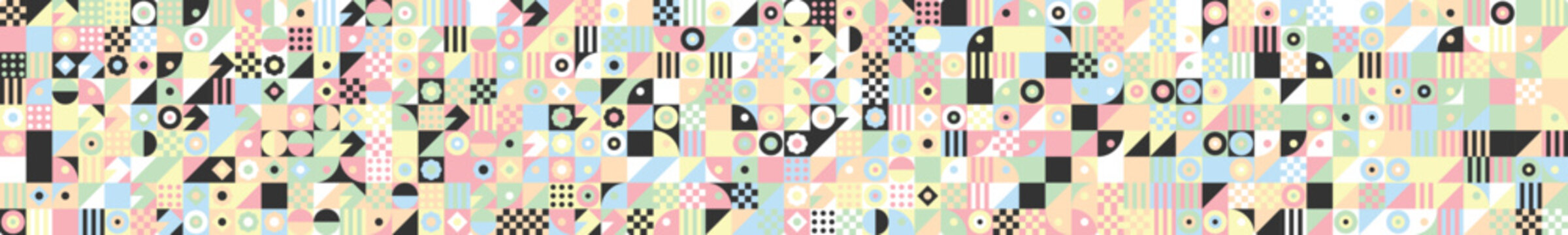 Abstract Geometric Seamless Mosaic Pattern Wide Vertical Banner set  in Soft Pastel Pink, Light Blue, Pale Yellow, Mint Green, and Black Color Palette