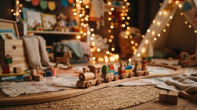 A wooden toy train travels along a track on a rug in a cozy children's bedroom.