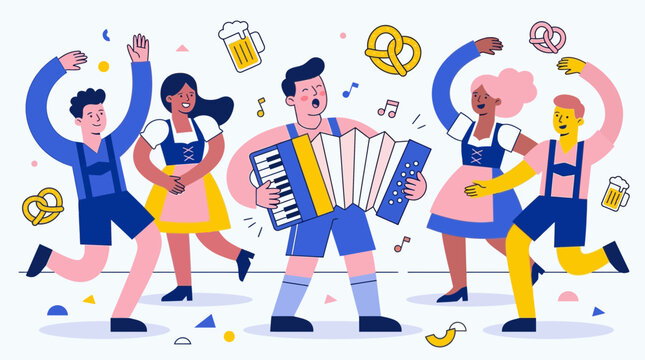 Lively illustration of a musician playing accordion while a couple in traditional Bavarian outfits dances at an Oktoberfest tent celebration.