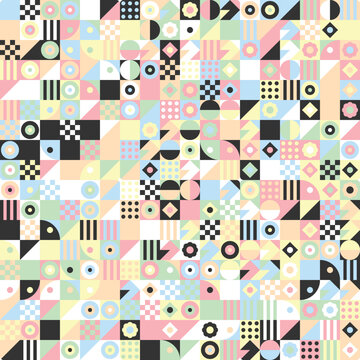 Colorful Geometric Pastel Mosaic Seamless Pattern Background in Soft Pink, Light Blue, Mint Green, Pale Yellow, and Black Accents