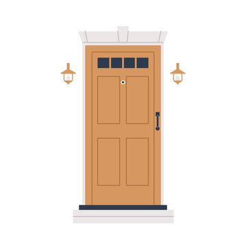 Front entrance door with peephole, glass decoration, lamps on exterior wall. House architecture, wooden home entry with lanterns. Flat vector illustration isolated on white background.