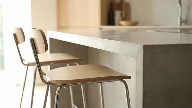 Modern kitchen island with wooden bar stools.