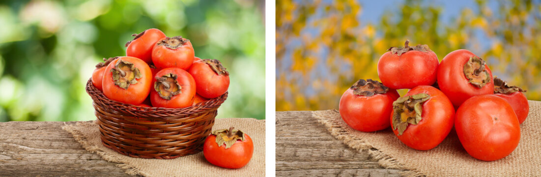 Persimmon fruit in a wicker basket on a wooden table with blurred garden background