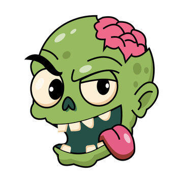 Playful flat cartoon green zombie head with exposed pink brain, uneven eyes, missing teeth, hanging tongue, and stitched details, outlined on white.