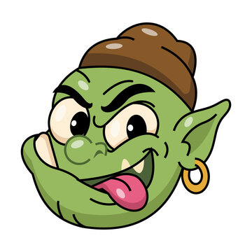 Playful flat cartoon green orc head wearing a brown cap, with pointed ears, gold hoop earring, large nose, tongue out, and bold outlines on white.