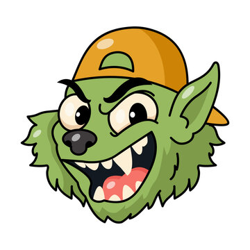 Playful flat cartoon green werewolf head wearing an orange cap, with shaggy cheeks, pointed ears, black nose, sharp fangs, and a wild grin on white.