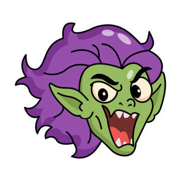 Playful green witch head with flowing purple hair, pointed ears, raised brows, sharp fangs, and a dramatic open mouth, drawn with bold cartoon lines on white.
