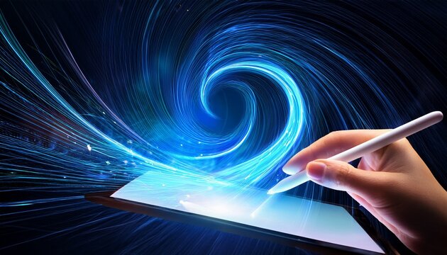 digital tablet stylus hand creativity design art technology glow abstract energy swirl around digital tablet as stylus hand creates bright