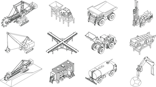 Set of isometric mining and heavy construction machinery line art icons for industrial site planning