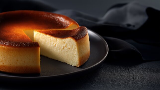Perfectly baked Basque cheesecake, semi-close