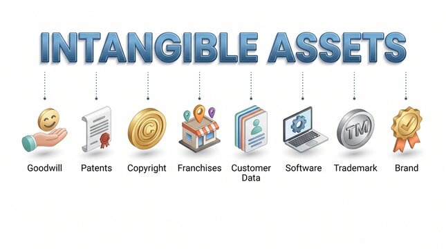 Intangible assets business infographic, intellectual property icons set, brand value and copyright concept on white background