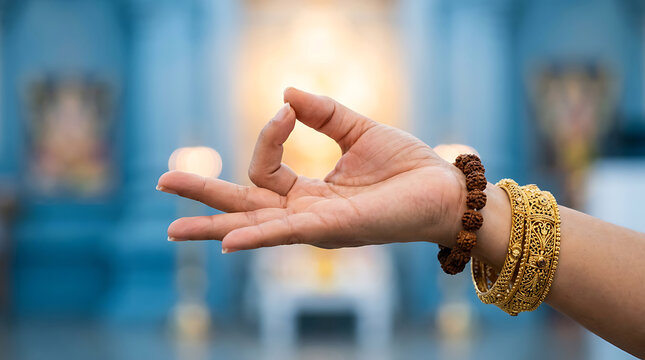 Closeup of a hand in jnana mudra gesture with traditional gold bangles and rudraksha beads