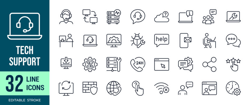 Tech support line icons, customer service, helpdesk, troubleshooting and technology assistance symbols, editable stroke