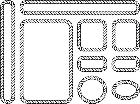 Collection of rope frames and borders in various shapes, including rectangular, square, circular, and oval, isolated on a white background