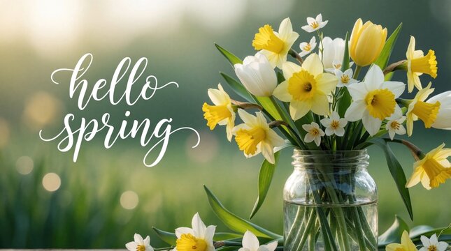 Bouquet of daffodils and tulips in glass jar with hello spring text. Fresh blooms signify new beginnings and nature awakening after winter hibernation.