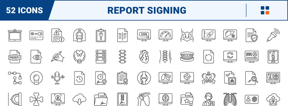 Radiology report signing line icon set. Vector pictograms of imaging, xray, mri, and ultrasound elements, thin linear illustration.