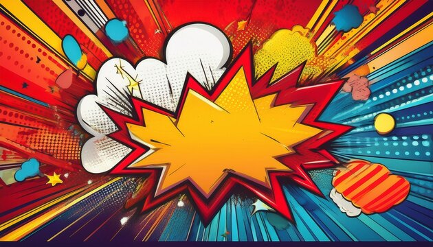retro comic book inspired background with explosive shapes speech bubbles and bold text