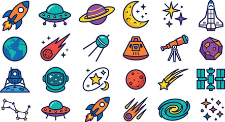 Obraz premium Space exploration cartoon icon set with rockets planets astronauts satellites comets and celestial symbols