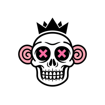 Stylized monkey skull wearing crown with pink cross eyes