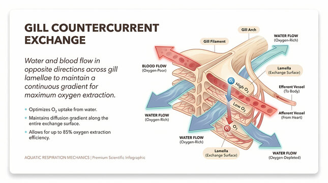 Scientific Infographic Explaining Fish Gill Countercurrent Exchange Mechanisms.