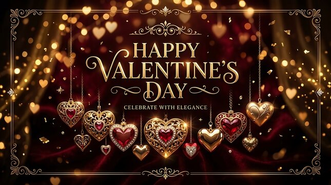 Happy Valentines Day gold typography with ornate heart jewelry hanging over dark red velvet.