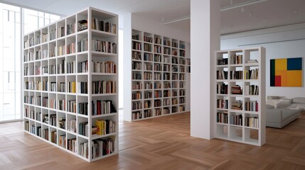 Fototapeta premium Modern white bookshelves filled with books line a bright room with wooden floors and large