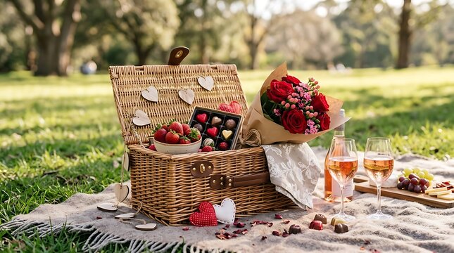 Picnic basket filled with red roses and strawberries on blanket for romantic outdoor valentine date.