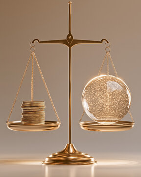 Weighing Wealth and Worth: A classic balance scale contrasts a stack of gold coins against a shimmering, sparkling orb, symbolizing the intangible value and material riches.