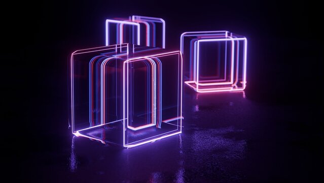 Abstract glowing neon wireframe glass cubes on dark wet surface