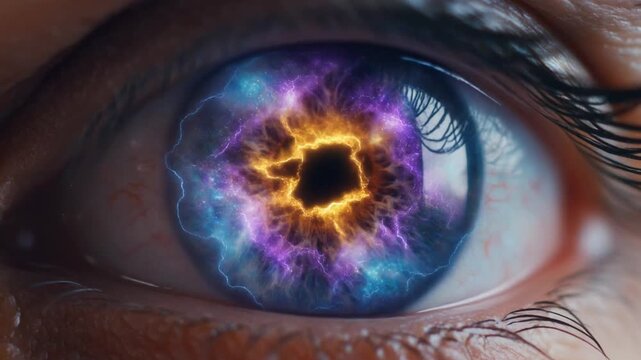 Macro shot of human eye opening revealing a colorful galaxy iris transformation concept