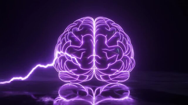 Glowing Neon Brain with Purple Lightning Strikes Digital Art