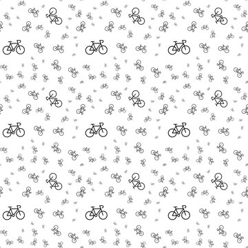 Seamless black and white bicycle pattern with various bike icons on white background for design