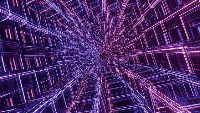 Abstract futuristic wireframe matrix corridor with glowing pink and purple neon lights
