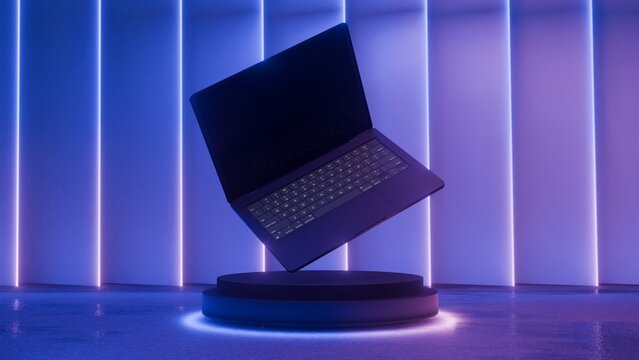 Modern laptop mockup floating above podium in neon studio room