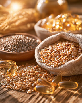 Golden Harvest: A close-up showcases a bounty of natural goodness with grains, seeds, and golden omega-3 capsules artfully arranged on a rustic wooden surface, bathed in warm, dappled sunlight.