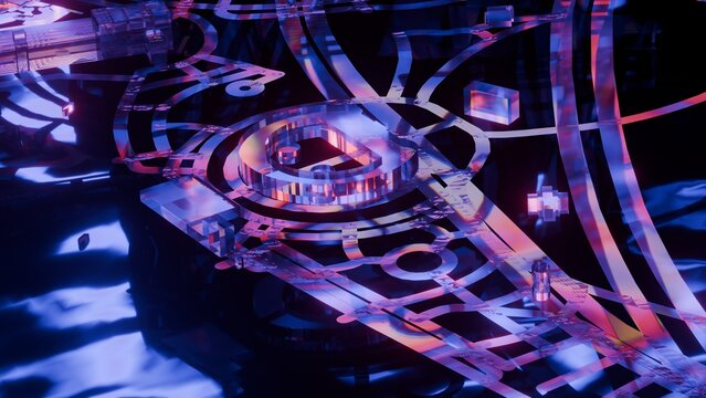 Abstract futuristic glass city map with glowing neon pink and blue road networks
